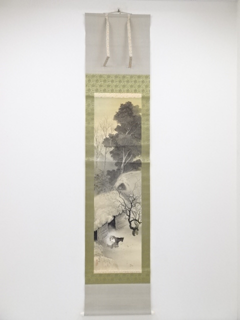 日本画　春水筆　馬図　肉筆絹本掛軸（保護箱）